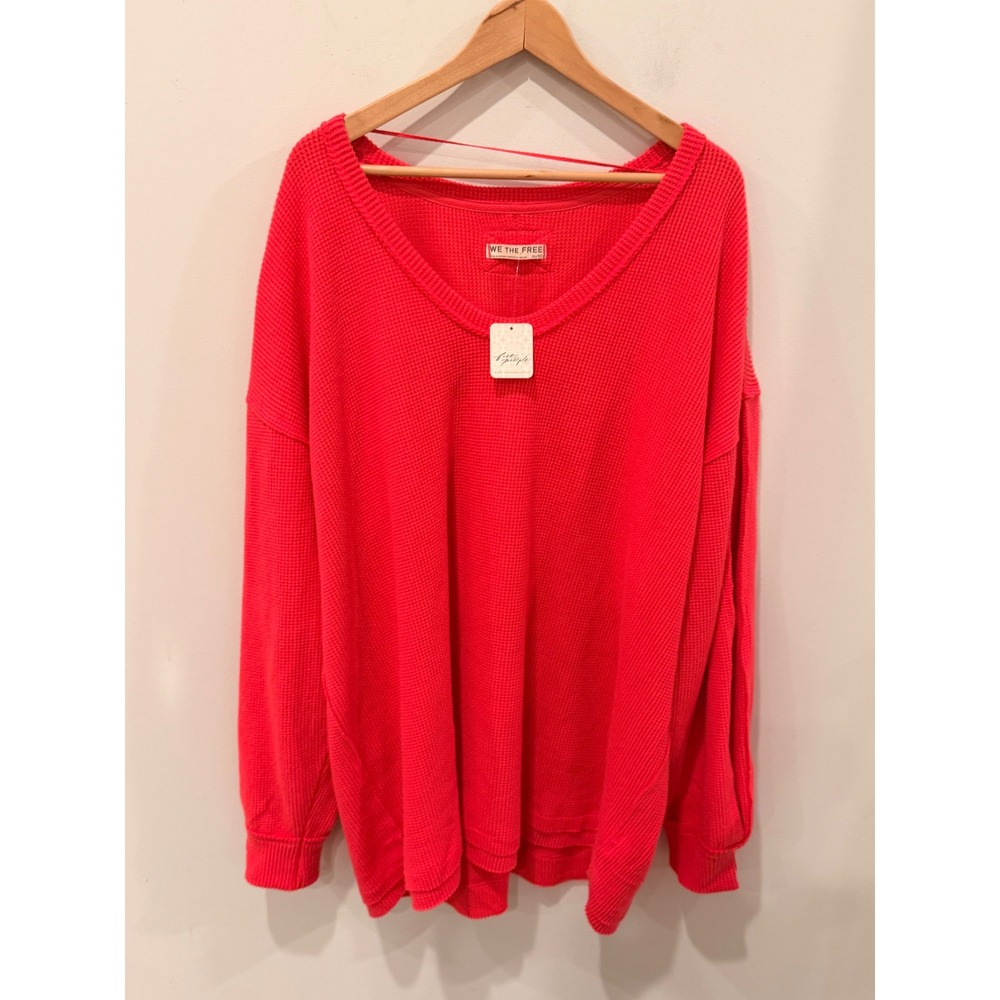 Free People We The Free Rouged Cheeks Thermal V-Neck Top Tulip Pink XL OB2291586